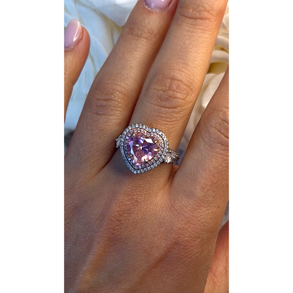 Romantic 925 Sterling Silver Pink Heart Topaz Ring Size 9